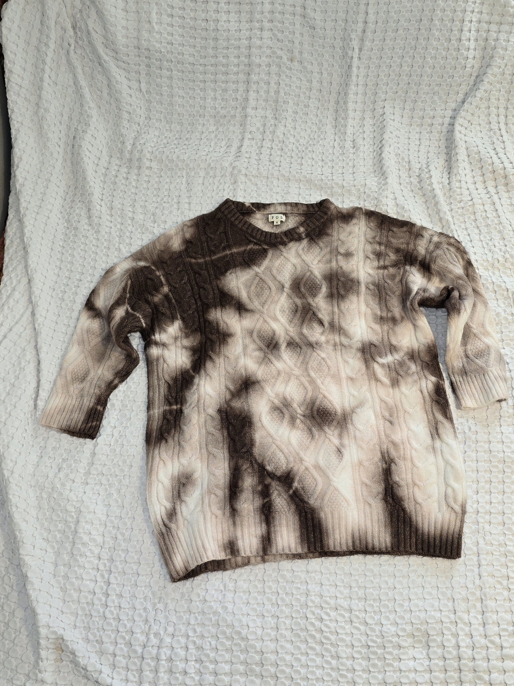 POL Clothing Oversized Cable Knit Tie Dye Sweater Brown Cream Tan Small Boho